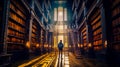 Person standing in large library with lots of bookshelves. Generative AI