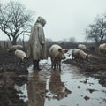 a person standing in a muddy puddle with pigs