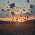 Person standing in an open field, surrounded by levitating polaroid photos capturing moments from the past