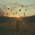 Person standing in an open field, surrounded by levitating polaroid photos capturing moments from the past