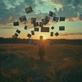 Person standing in an open field, surrounded by levitating polaroid photos capturing moments from the past