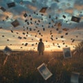 Person standing in an open field, surrounded by levitating polaroid photos capturing moments from the past