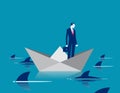 Person standing on origami boat surrounded by sharks. Vector illustration concept