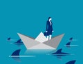 Person standing on origami boat surrounded by sharks. Vector illustration concept