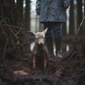 Person standing over muddy lamb