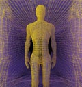 A person is standing, precisionist lines and shapes, made of wire, realistic renderings of the human form, golden ratio