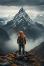A person standing on a rock looking at a mountain. Climbing peaks Royalty Free Stock Photo