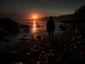 a person standing on a rocky beach looking at the sunset