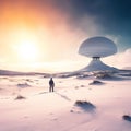 Person standing on a snow covered grass in the style of expansive landscapes, norwegian nature.