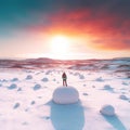 Person standing on a snow covered grass in the style of expansive landscapes, norwegian nature.