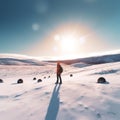 Person standing on a snow covered grass in the style of expansive landscapes, norwegian nature.