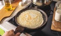 Person is standing at the stove and frying pancakes in a pan. Concept of the process of making a tasty breakfast at home