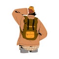 Person standing, thinking, make decision, scratch head back view. People travel with backpack, bag. Tourist in warm