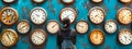 Person standing before a wall of various clocks, concept of time management