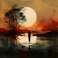 a person standing in the water, in the style of surrealistic fantasy landscapes, dark orange and light black