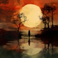 a person standing in the water, in the style of surrealistic fantasy landscapes, dark orange and light black Royalty Free Stock Photo