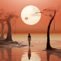 person standing in the water, in the style of surrealistic fantasy landscapes Royalty Free Stock Photo