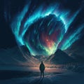 A person standing in winter and looking at northern lights on the sky. Generative AI Royalty Free Stock Photo