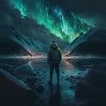 A person standing in winter and looking at northern lights on the sky. Generative AI Royalty Free Stock Photo