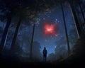 a person standing in the woods looking at a red star in the sky