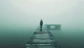 A person stands alone on a dock, surrounded by fog, An eerie apparition standing at the end of a foggy pier, AI Generated