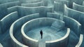 Person stands in center of concrete labyrinth, man solution is deadlocked in surreal round maze. Concept of lost, problem,