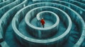 Person stands in center of round concrete labyrinth alone, man solution is deadlocked in surreal maze. Concept of problem, lost,