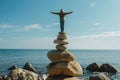 Work-life balance concept Person Standing on Top of Pile of Rocks. Generative AI Royalty Free Stock Photo