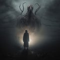 Nightmarish Lovecraftian Monster Emerging From The Fog