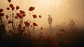 Silhouette Figures In The Fog With Poppies: A Captivating Visual