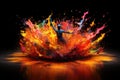 A person stands in front of a vibrant explosion of multicolored paint., A splattering of vibrant colors in a circular dance, AI