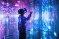 A person stands in front of a vibrant and vivid display, marveling at the colors and patterns, An immersive holographic technology