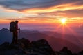 A person stands on the highest point of a mountain, overlooking a magnificent sunset, An invigorating sunrise view from a Royalty Free Stock Photo