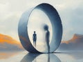 Person stands before large ring structure. Person views distorted reflection. Psychological concept. Abstract art.