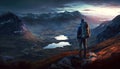 Person stands and looks at mountain landscape from top after sunset, generative AI