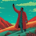 Vibrant Colorism: Man Admiring Mountain With Phone In Tim Doyle Style