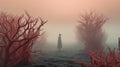 Surreal 3d Landscape: Person Standing In Coral Fog