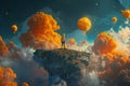 A person stands on a mountain peak engulfed by clouds, creating a surreal scene, Create a surreal interpretation of inflation