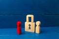 The person stands near the padlock and protects him from the red person. concept of the preservation of secrets, information