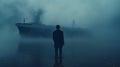 Mysterious Man In Suit Standing On Water In Navy Fog