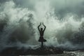 A person stands on a rock as a large wave crashes in the background, A person in a yoga pose with waves crashing behind them, AI