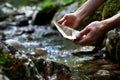 Person Holding Paper Boat Over Stream