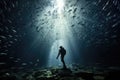 A person stands surrounded by a multitude of fish in a captivating underwater scene, Underwater, divers, shoals of fish, 8k Ultra