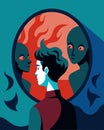 A person staring into a mirror their reflection distorted and altered by the unseen forces of mind control.. Vector Royalty Free Stock Photo