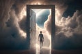 person, stepping through door to heaven, with view of clouds and eternal light visible