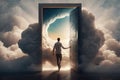 person, stepping through door to heaven, with view of clouds and eternal light visible Royalty Free Stock Photo