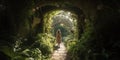 Person stepping through a doorway into an enchanted, lush garden, where mythical creatures and fairy tales come to life