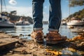 Person stepping onto a boat ready for an adventure - stock photography concepts