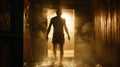 A person stepping out of the sauna to take a cool shower signaling the proper way to cool down before reentering.