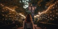 Person strolling along a peaceful city promenade, lined with trees adorned in twinkling fairy lights for a magical